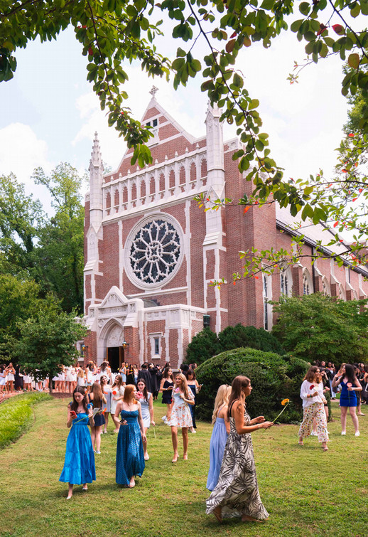 Westhampton College students in colorful dresses leaving Cannon Memorial Chapel after Proclamation 2026