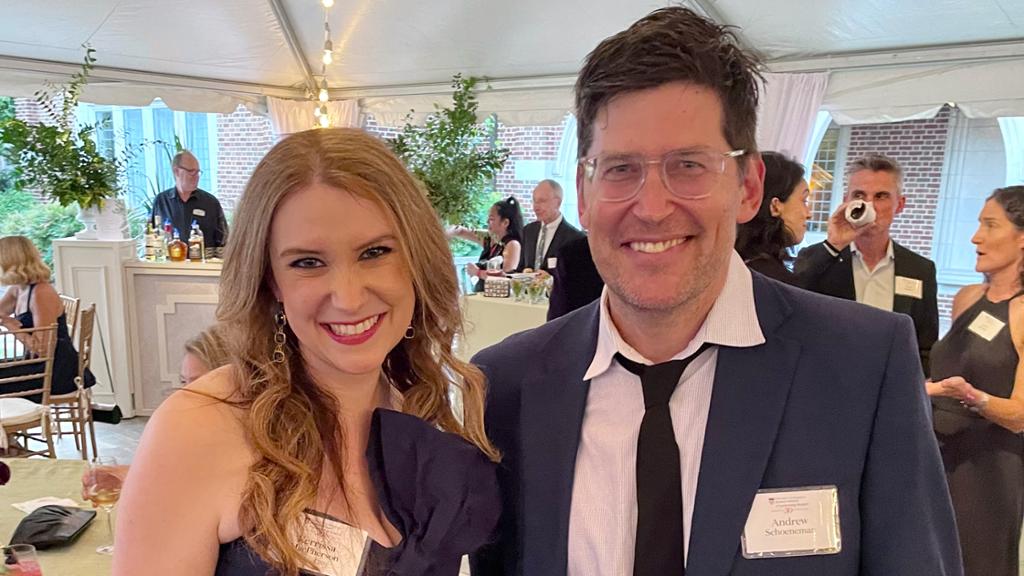 Kerrissa MacPherson and Andrew Schoeneman attending a gala celebration