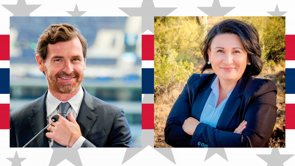 Headshots of Andrè Villas-Boas and JoAnna Mendoza over a background of red and white stripes and gray stars