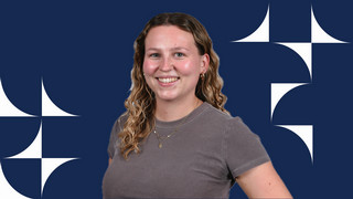 Headshot of Clara Swartz on a blue background with white sweeping shapes surrounding her