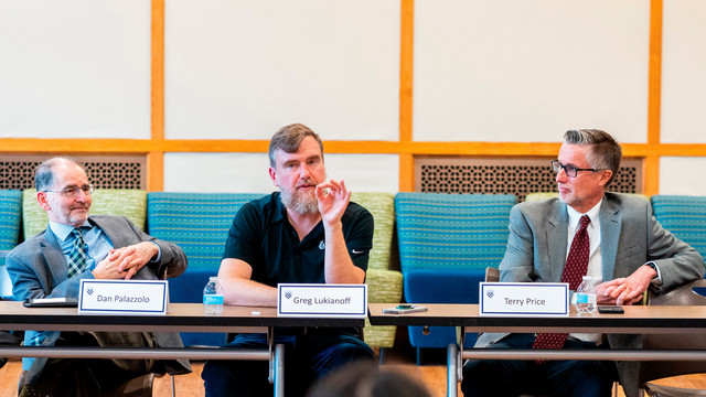 Greg Lukianoff, president and CEO of the Foundation for Individual Rights and Expression, accompanied by McDowell Institute co-directors Dan Palazzolo and Terry Price.