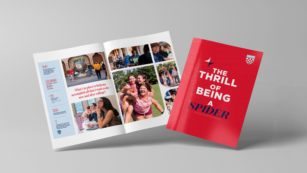 Right side there is the front cover of a publication that has a red background with white and blue text with the shield logo on the top right. On the left side is a spread with stats and collage of imagery of college students participating in campus. 