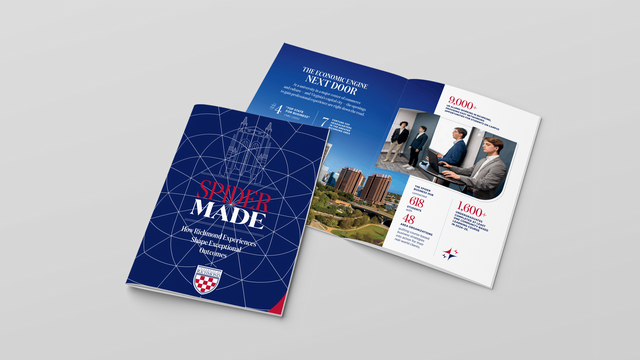 University of Richmond brochure titled ‘Spider Made,’ showing the cover and an inside spread with campus and city images, student photos, and key statistics.