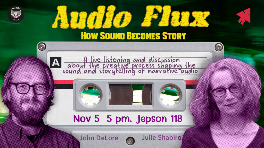 purple images of speakers and bright yellow title of talk