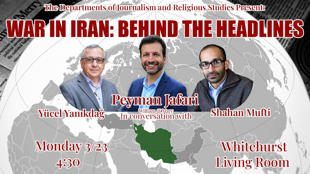 image of globe with photos of speakers and title of talk: War in Iran: Behind the Headlines