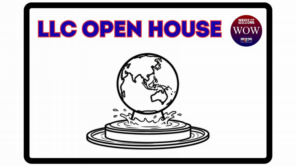 Flyer for LLC Open House, shows a drawing of a Globe Fountain