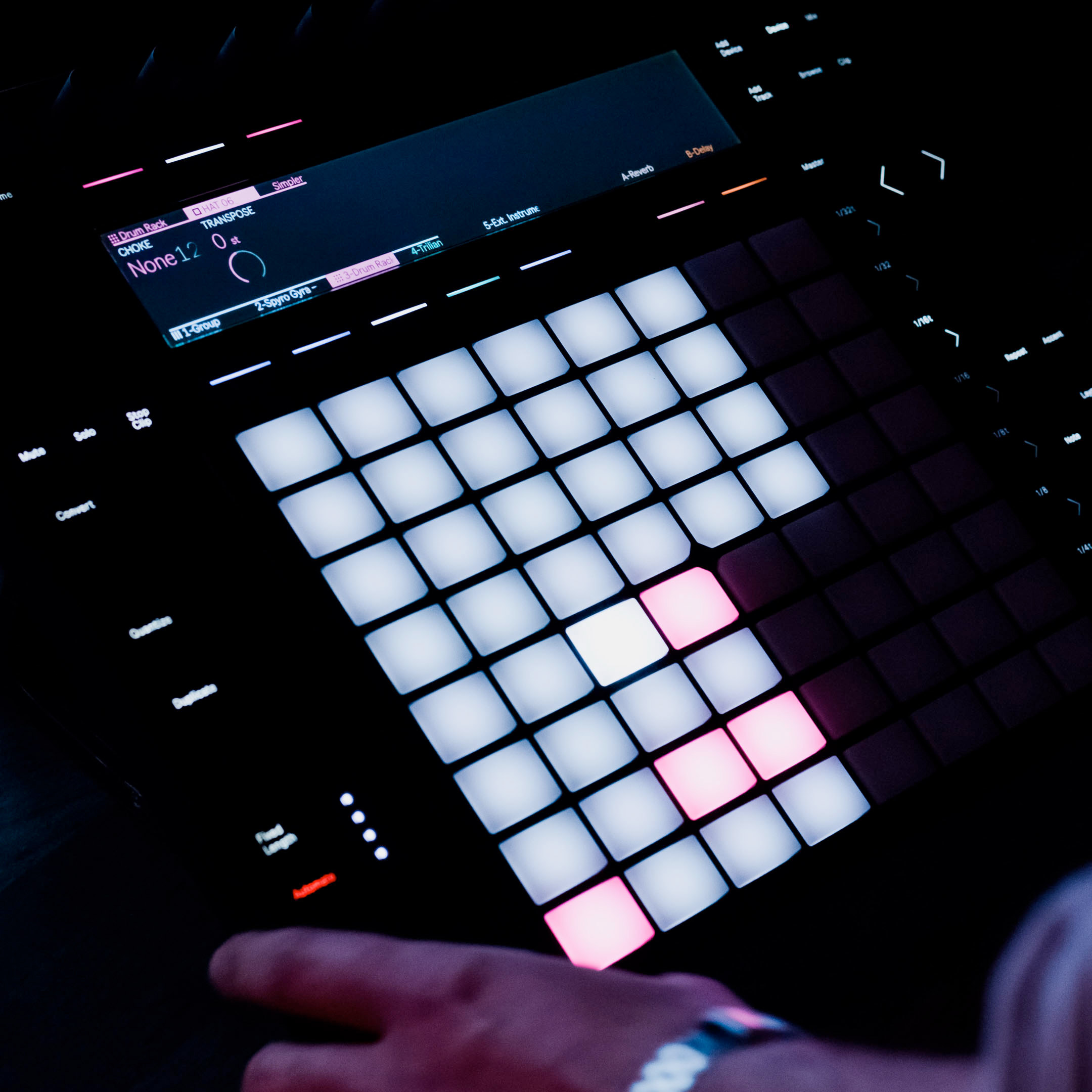 recording studio equipment in dark light with buttons colorofully lit