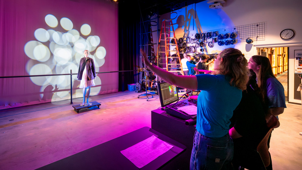students view their theatrical lighting work on a manakin