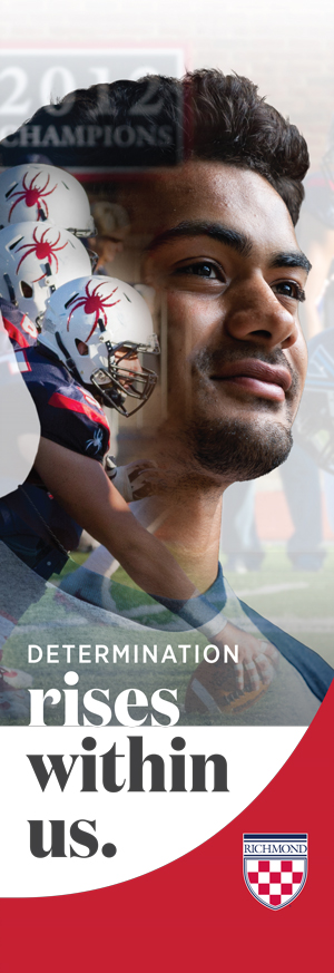 Campus banner example that says, "Determination rises within us."