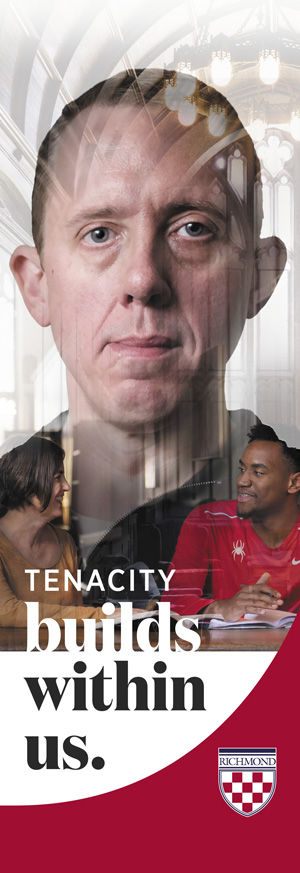 Campus banner example that says, "Tenacity builds within us."