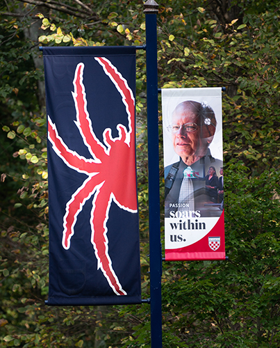 Single pole with campus banners.