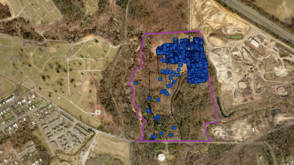 A map of East End cemetery showing the boundaries and relevant data points