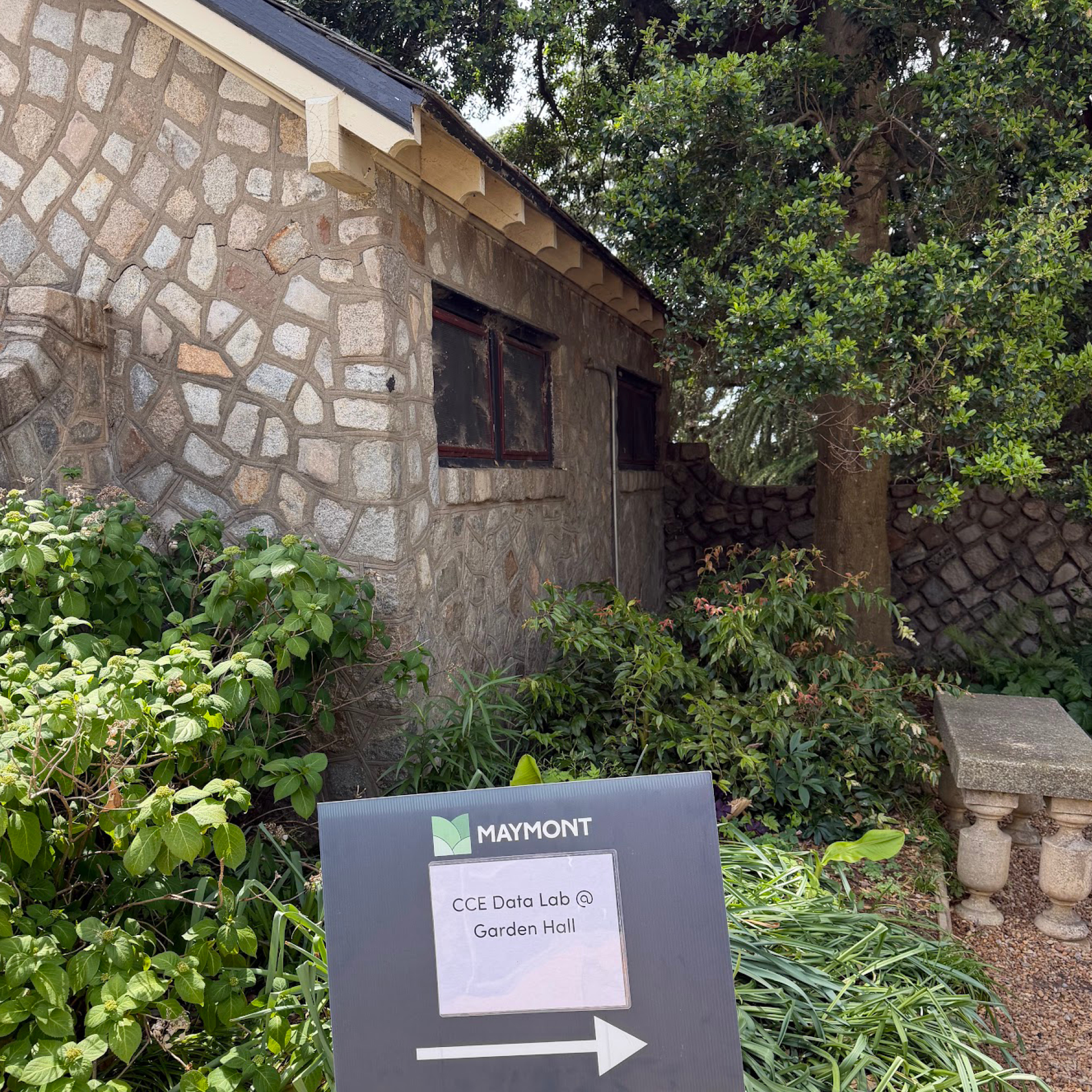 A photo of a stone house at Maymont, with a sign in the foreground directing participants to the CCE data lab