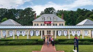 Jepson Alumni Center decorated with reunion banners.