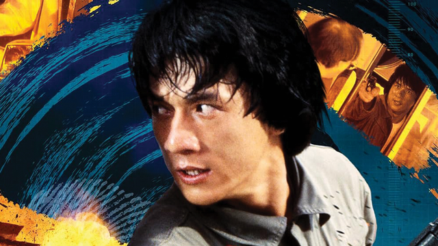 Actor Jackie Chan looking excitedly behind his shoulder 