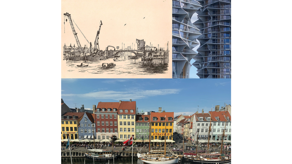 a drawing of a boat, a side of a building, and a line of houses