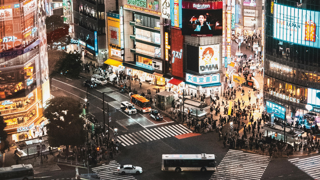 An aerial shot of a busy city square