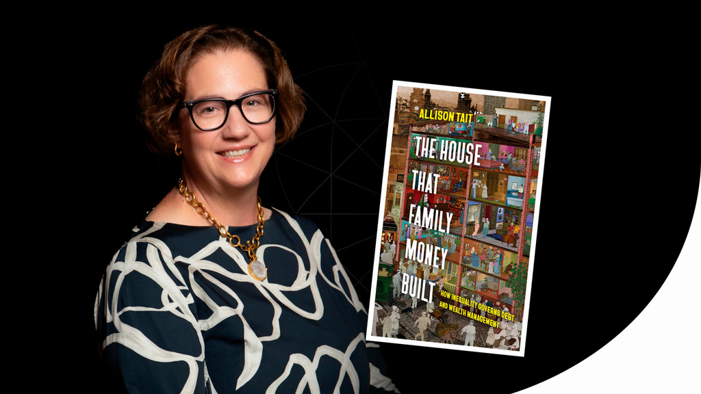 faculty member Allison Tait with an image of her book 