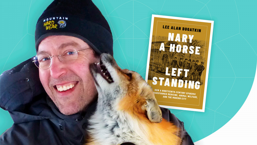 Dr. Lee Dugatkin poses with a dog and his book cover is inlaid as a graphic