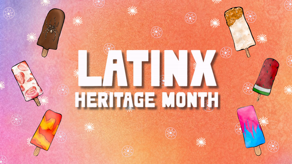 A gradient purple to orange background with scattered stars around. There are 6 differently designed popsicles in traditional Latino style flavors, bubble gum, mango, strawberries and cream, horchata, and chocolate. Latinx Heritage Month across the middle of the design 