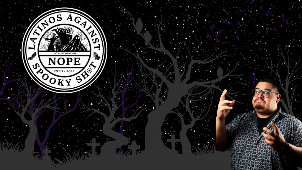 A spooky starry forest landscape with some cross graves. The Latinos Against Spook Sh*t Logo in a circle on the left and headshot for a Jonathan, a latino man in a checkered black and grey button up