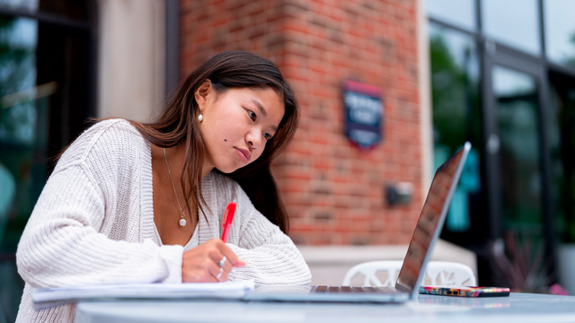 A student studying with a computer