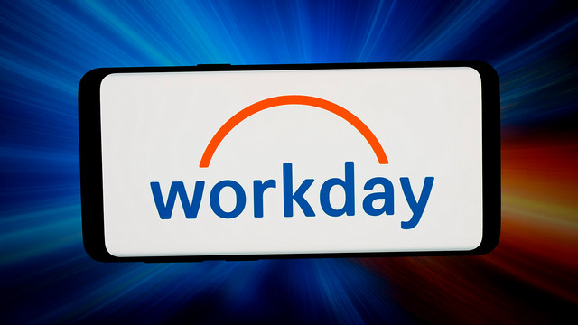 A phone displaying the Workday logo