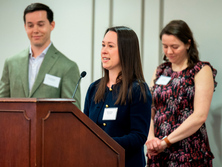 Melissa Cramer adresses the crowd at the Jepson Edge event, while fellow committee co-chairs Benedict Roemer and Erin Dunstan Price, look on. 