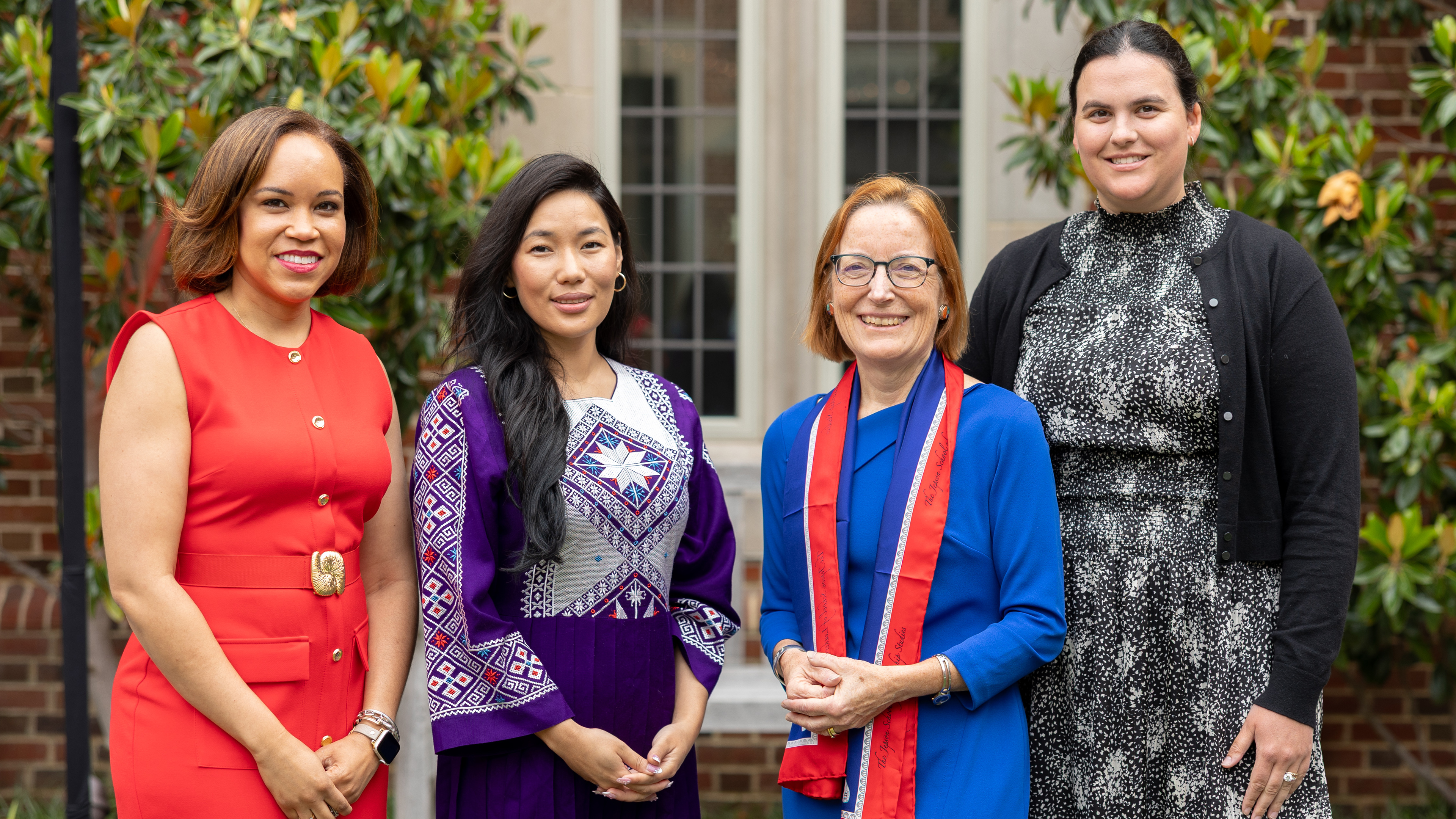 A photo of Kimberly Bowers Rollins, ’05; Lina Tori Jan, ’20; Dean Sandra Peart; Charlotte Denoyer, ’15