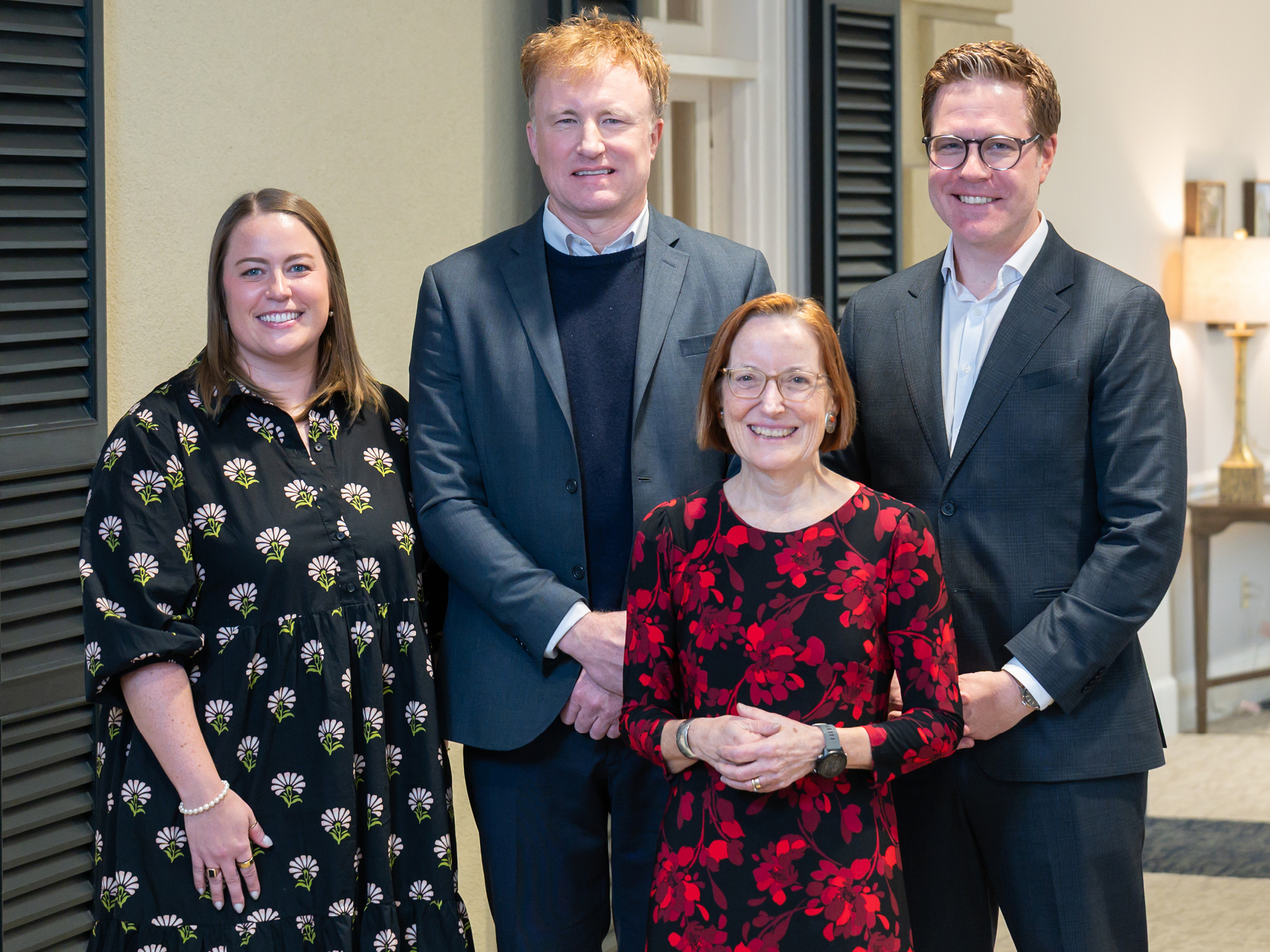 2025 Jepson School alumni award recipients Jessie Thompson, '15, Patrick Rucker, '96, and Kenneth Kraper, '05, with Dean Sandra Peart 