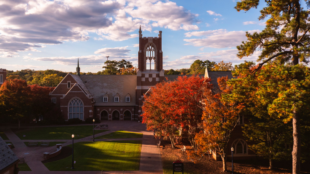 An aerial photo of Jepson Hall in the autumn with a view of stern quad