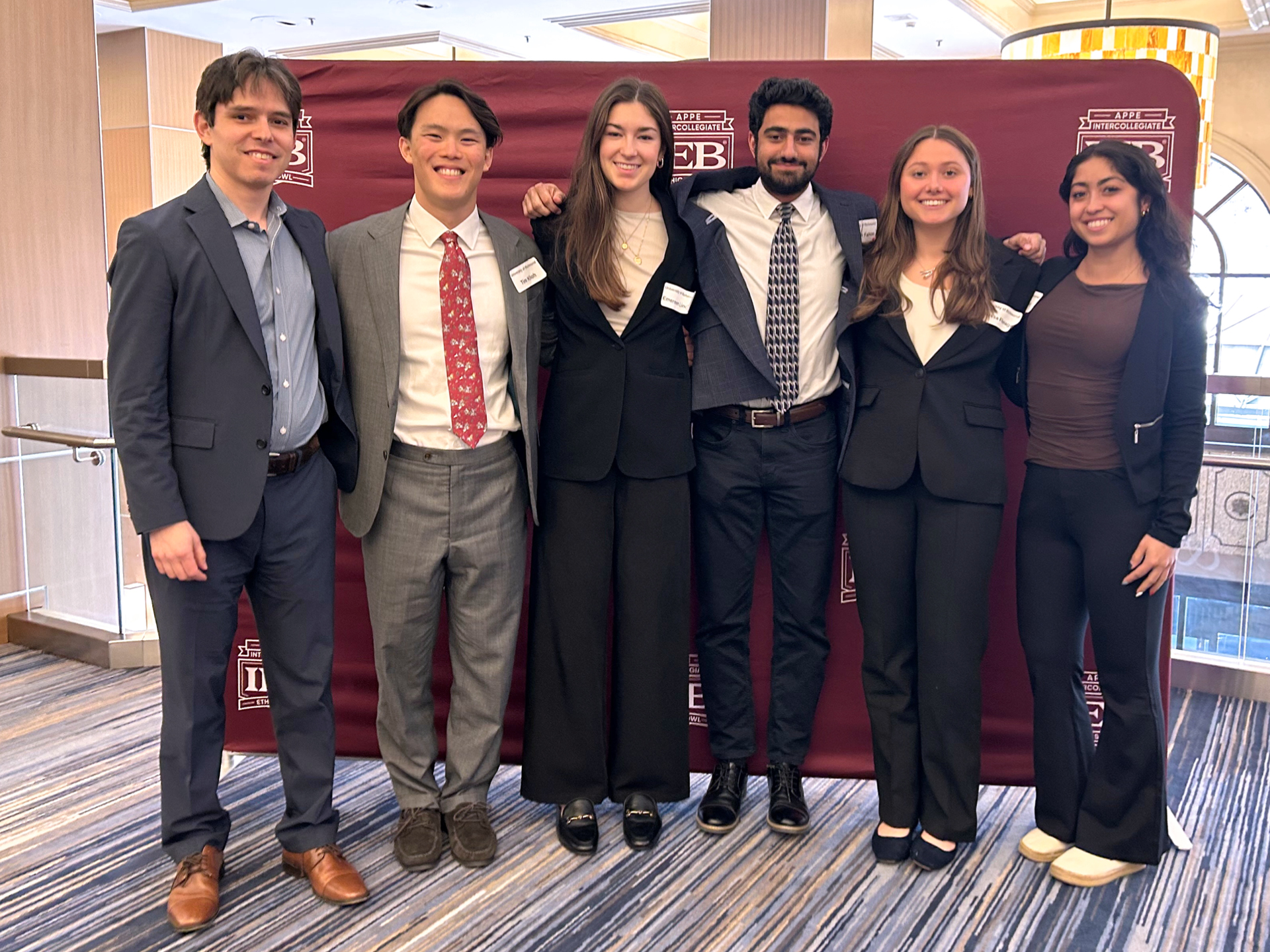 Dr. Javier Hidalgo, coach, and the University of Richmond Ethics Bowl team comprising Jepson seniors Timothy Khoh, Emerson Linden, Sassan Fahim, Allyssa Flanagan, and Samantha Chiaino.
