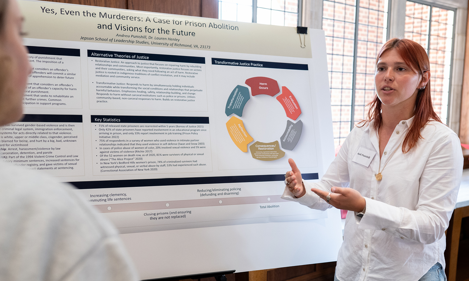 A photo of student Andrea Punishill presenting her research at the Jepson Symposium.