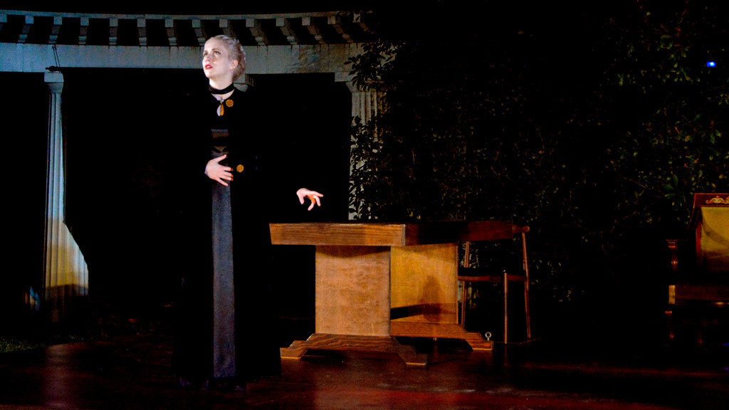 a young actress performs a dramatic monologue