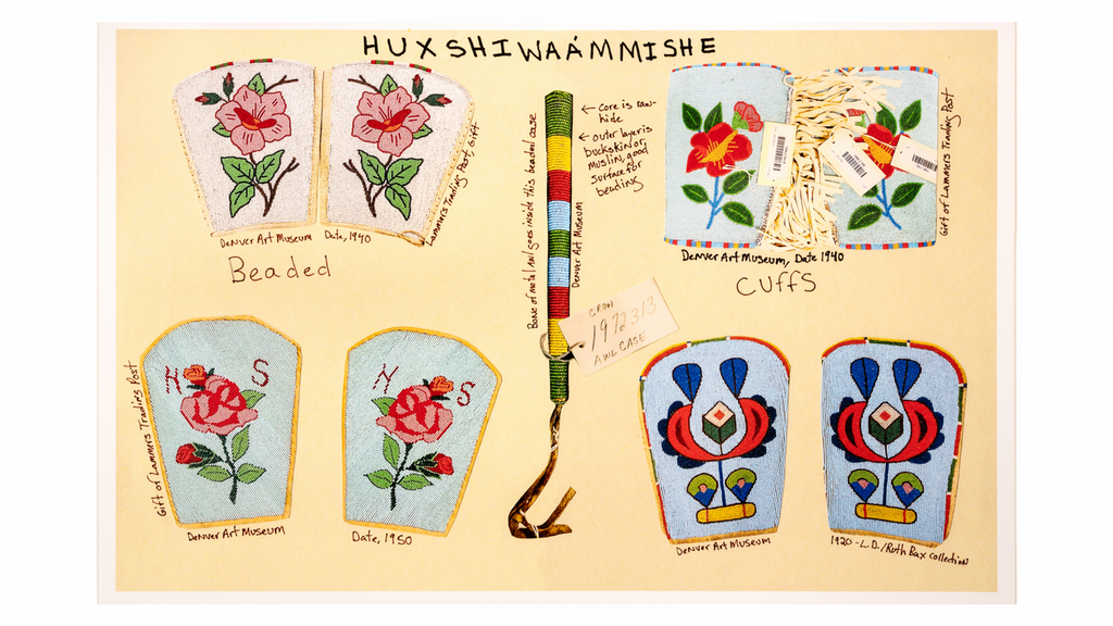 Artworks featuring beaded cuffs overlaid with handwritten notes