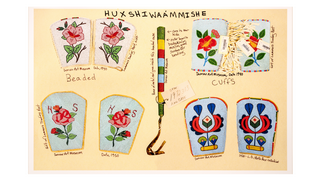 Artworks featuring beaded cuffs overlaid with handwritten notes