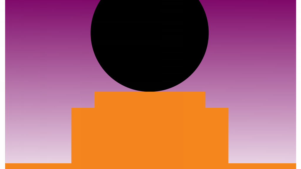 purple background with black sphere atop an orange base