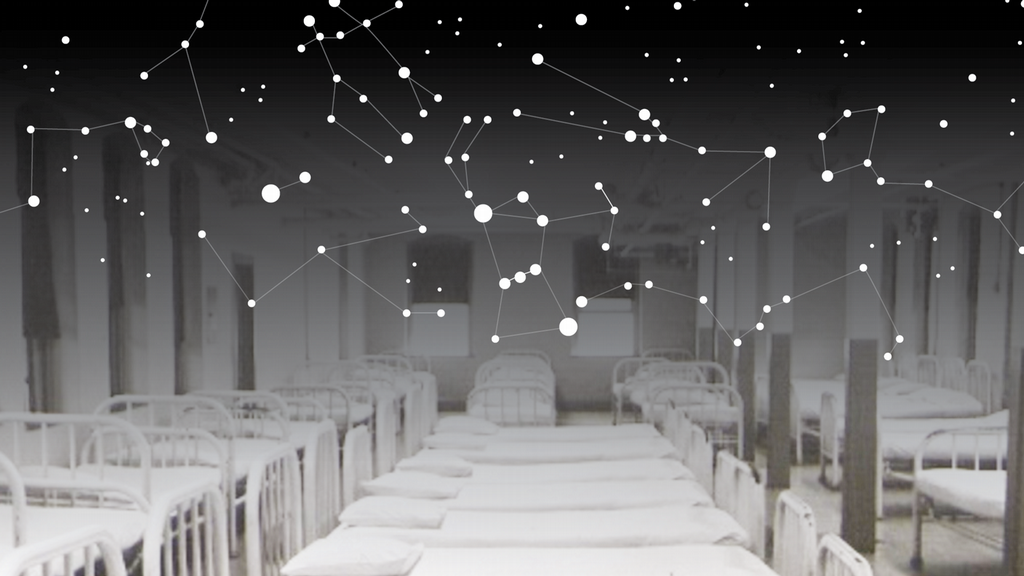 Artistic illustration of antique hospital beds with a constellation overlaid on top. 