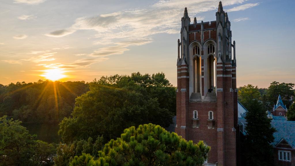 Drone shot of Boatwright tower at sunset.