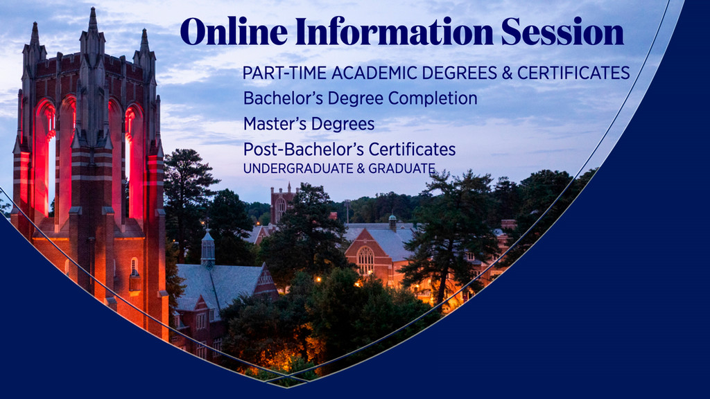 Online Information Session text treatment on background of campus aerial photo in the evening showing library tower