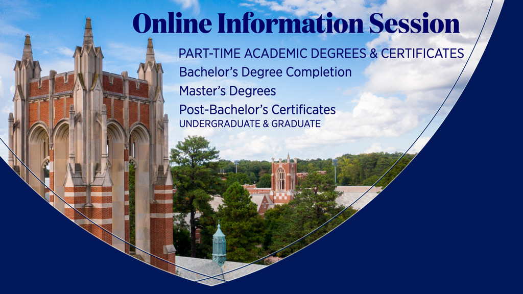 Online Information Session text treatment on background of campus aerial photo during the day showing library tower