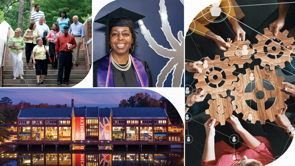 Collage of campus and individual student photos featuring a group of people putting wooden cogs together