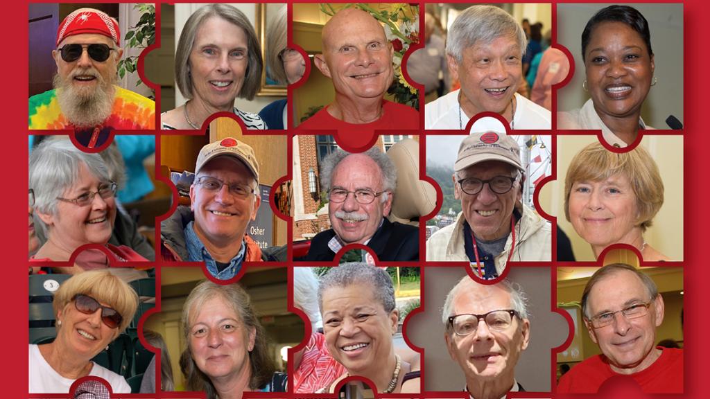 Print schedule cover image: Osher member headshots split into interlocking puzzle pieces