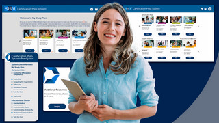 Person holding a tablet surrounded by screenshots of the SHRM Certification Prep System against a blue background
