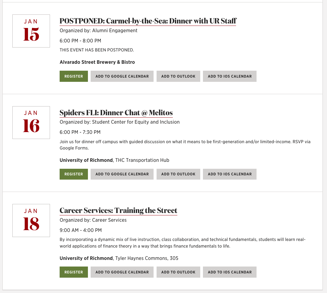 Screenshot of event listing