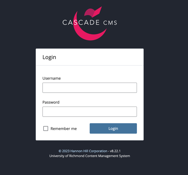 Screenshot of Cascade CMS login screen