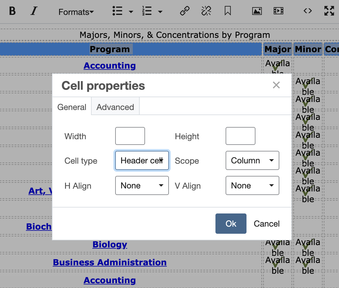 Screenshot of Cell Properties menu