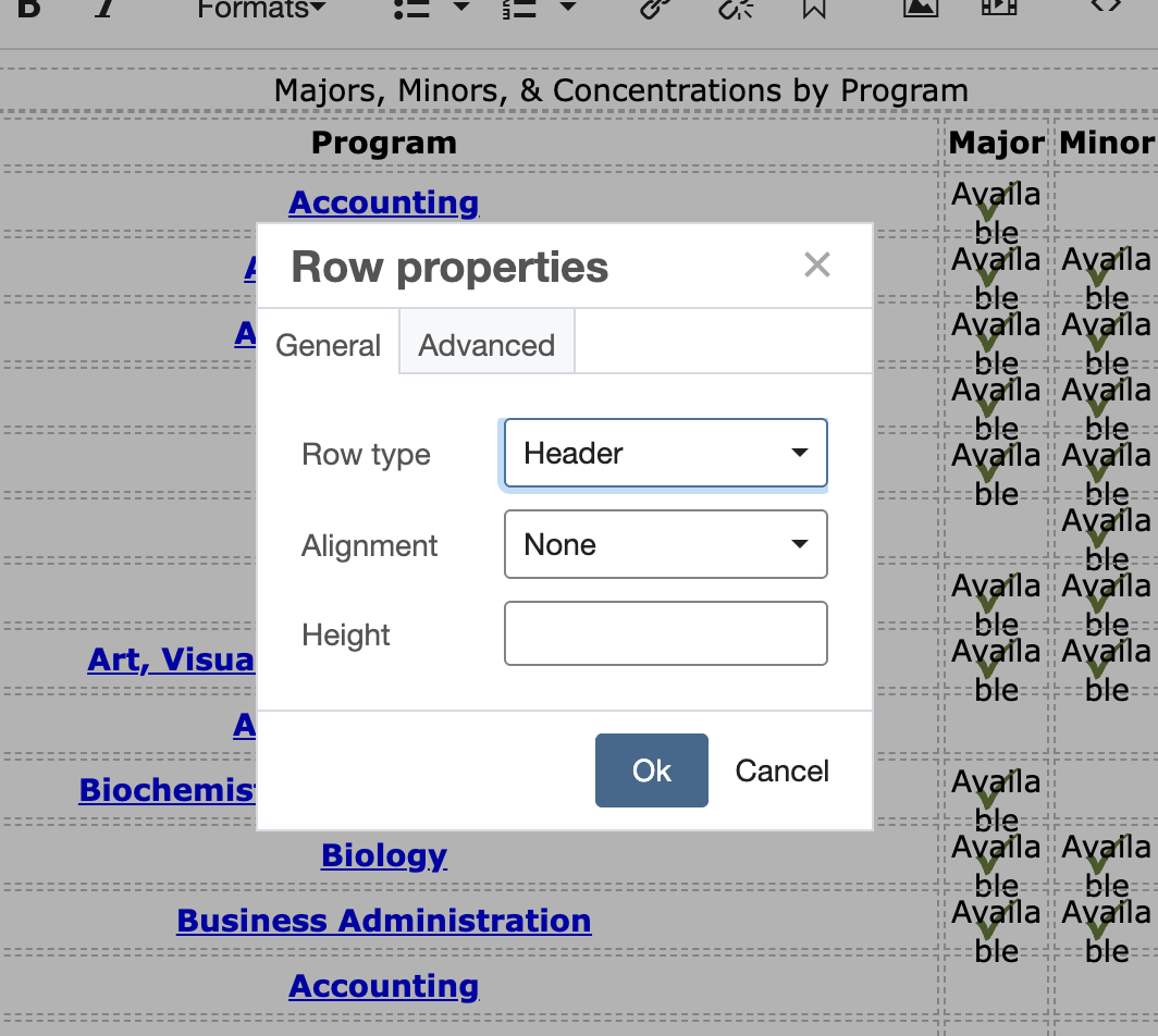 Screenshot of Row Properties menu