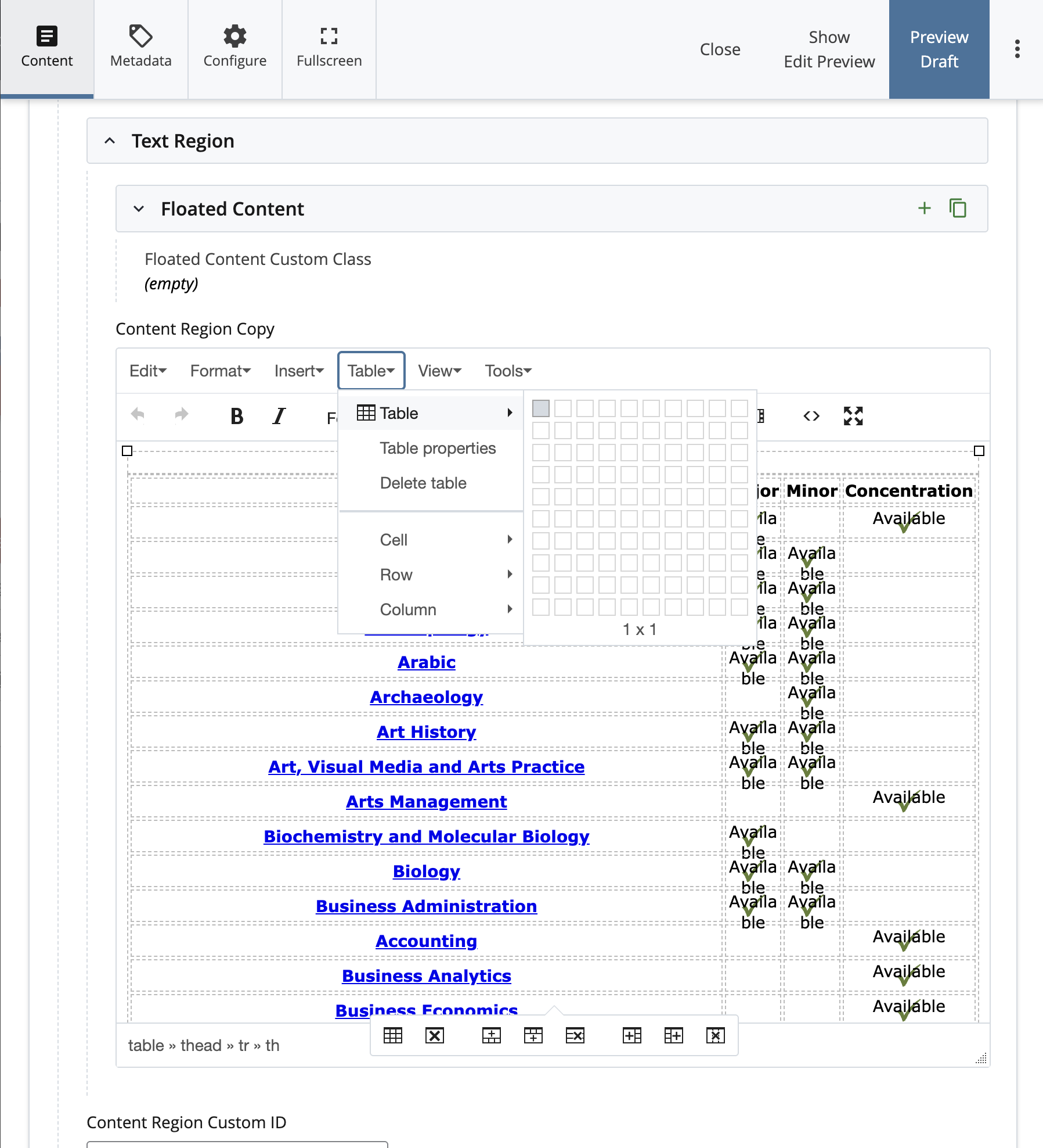 Screenshot of edit menu for tables