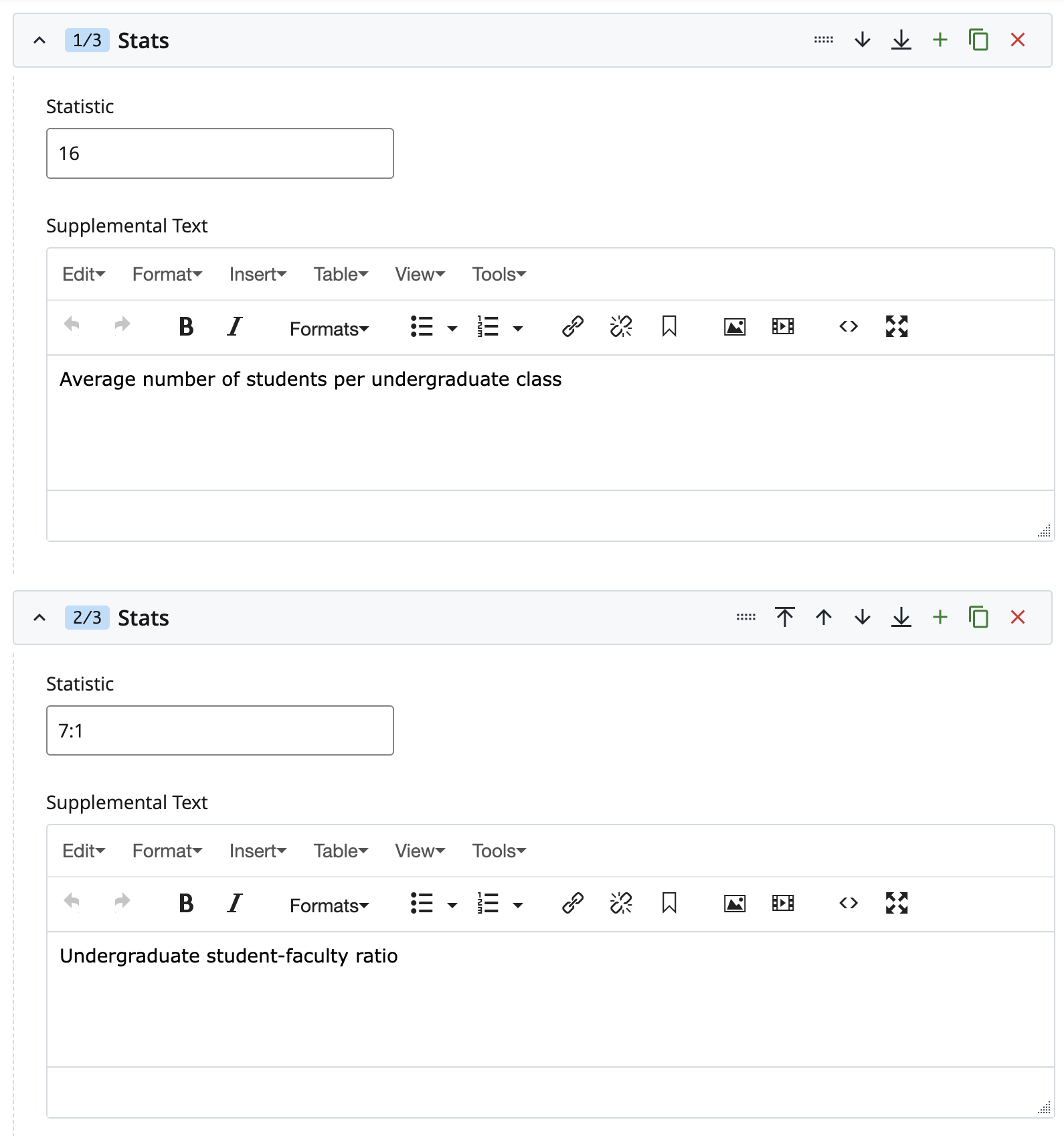 Screenshot of menu for inputting statistics on a gateway row